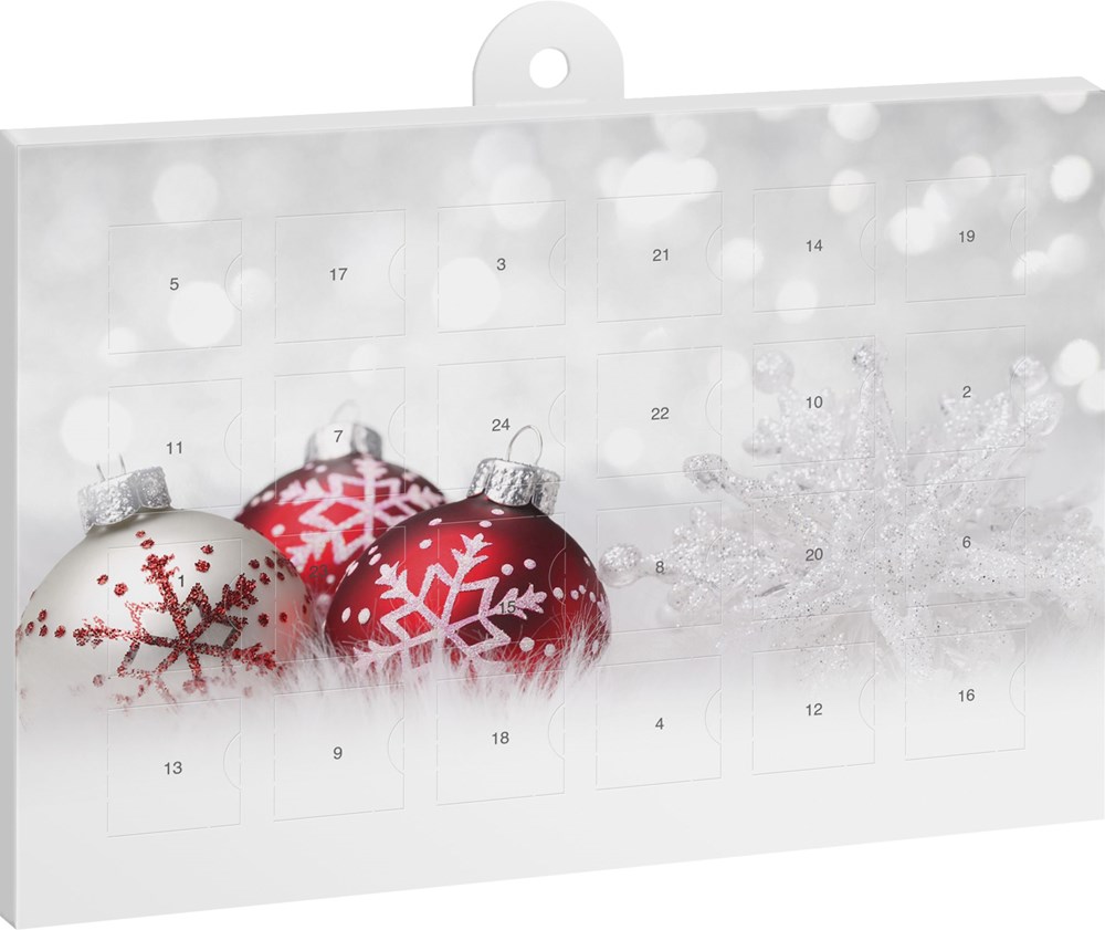 A5-Schoko-Adventskalender mit Werbeeindruck - Weihnachtskugeln Rot/Weiß
